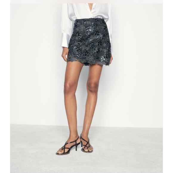 Zara Black Lace Sequin Mini Skirt // Small - Picture 1 of 6